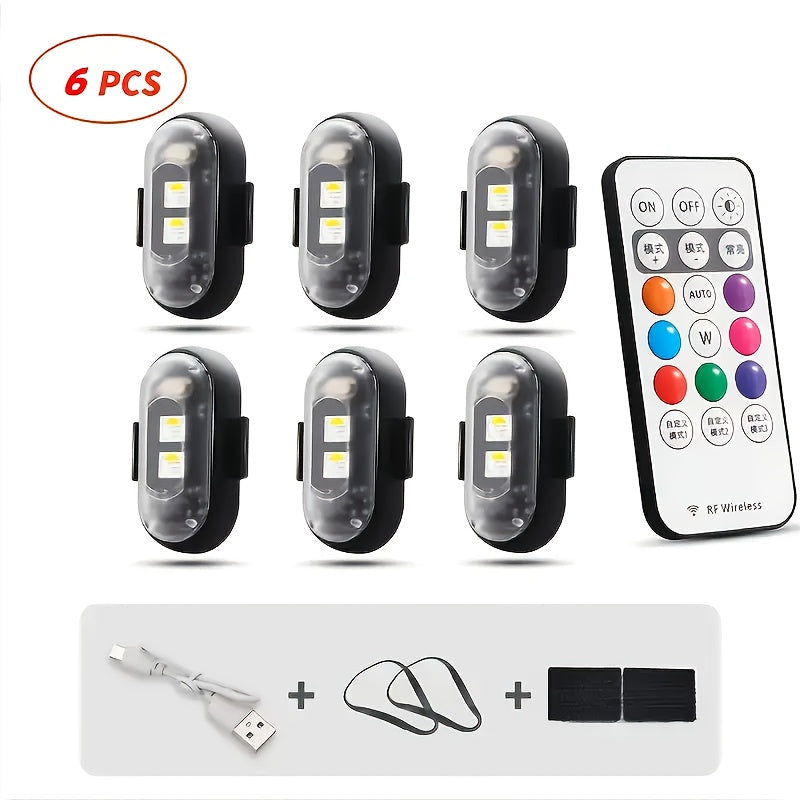 Wireless LED Strip Lights 8-Color Anti-Collision Warning Light with Remote Control – USB Rechargeable Waterproof LED Strips for Car Motorcycle Drone Bike, 4-Pack & 6-Pack