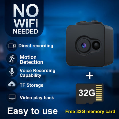 Mini Hidden Security Camera No WiFi Needed – 32GB SD Card Support, Continuous Loop Recording, Rechargeable Battery, Plug & Play – Home Security, Baby Monitor, Pet Camera, Office Surveillance