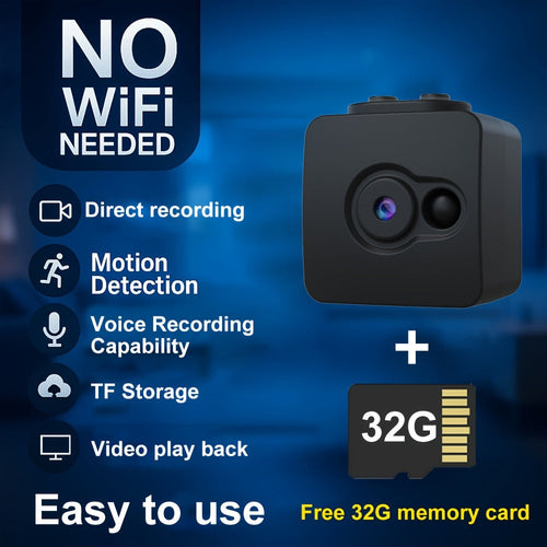 Mini Hidden Security Camera No WiFi Needed – 32GB SD Card Support, Continuous Loop Recording, Rechargeable Battery, Plug & Play – Home Security, Baby Monitor, Pet Camera, Office Surveillance