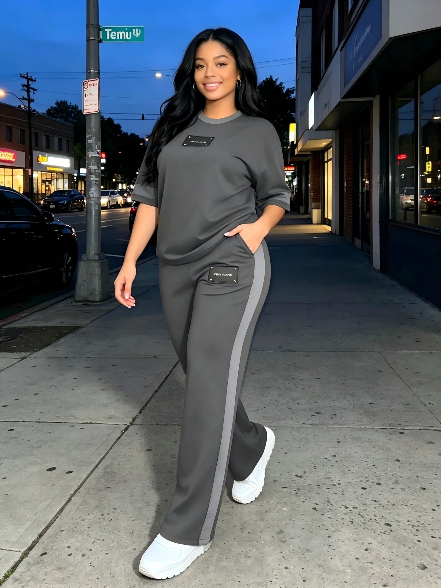 Women's 2-Piece Tracksuit Set Casual – Long Sleeve Crew Neck Top & Wide Leg Pants Stretchy Soft Loungewear for Spring Summer, Matching Outfit Slate Grey Blue Black Grey S M L XL XXL