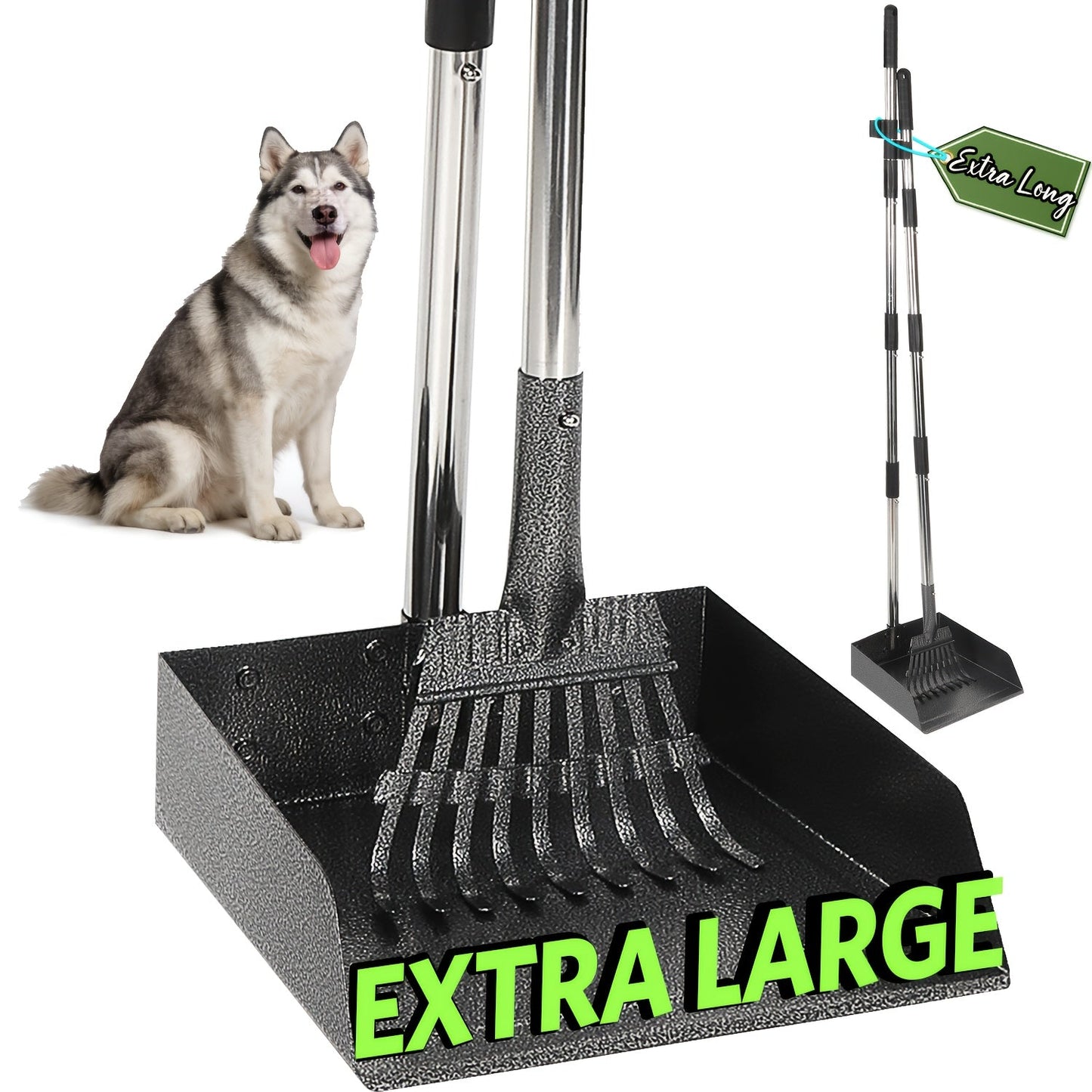 Heavy-Duty Dog Pooper Scooper with 48" Extended Handle – Stainless Steel Swivel Tray, Rake & Spade Set for Grass, Dirt & Gravel, No-Bend Pet Waste Removal for All Dog Sizes (2/3 Piece Set)