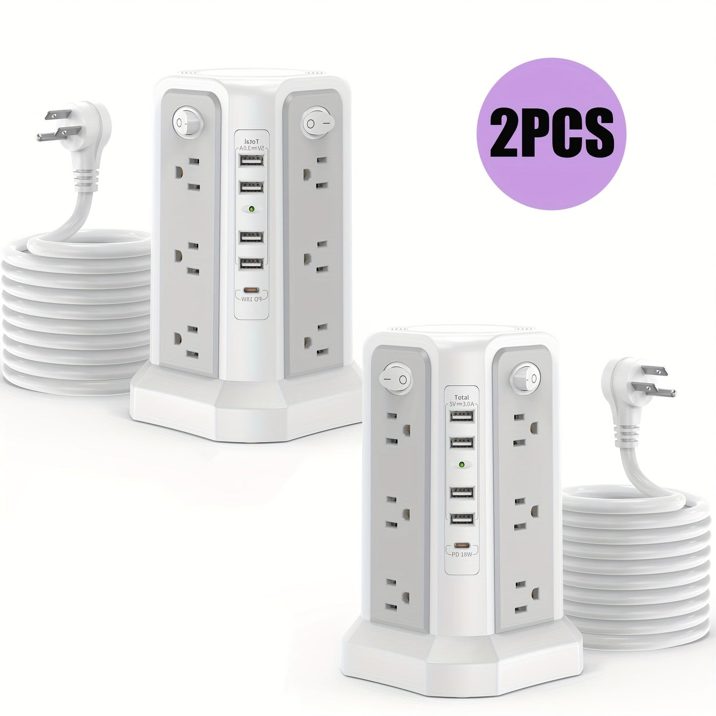 Power Strip Tower 16 AC Outlets 5 USB Ports USB-C PD20W 1500J Surge Protector Flat Plug Desktop Extension Cord