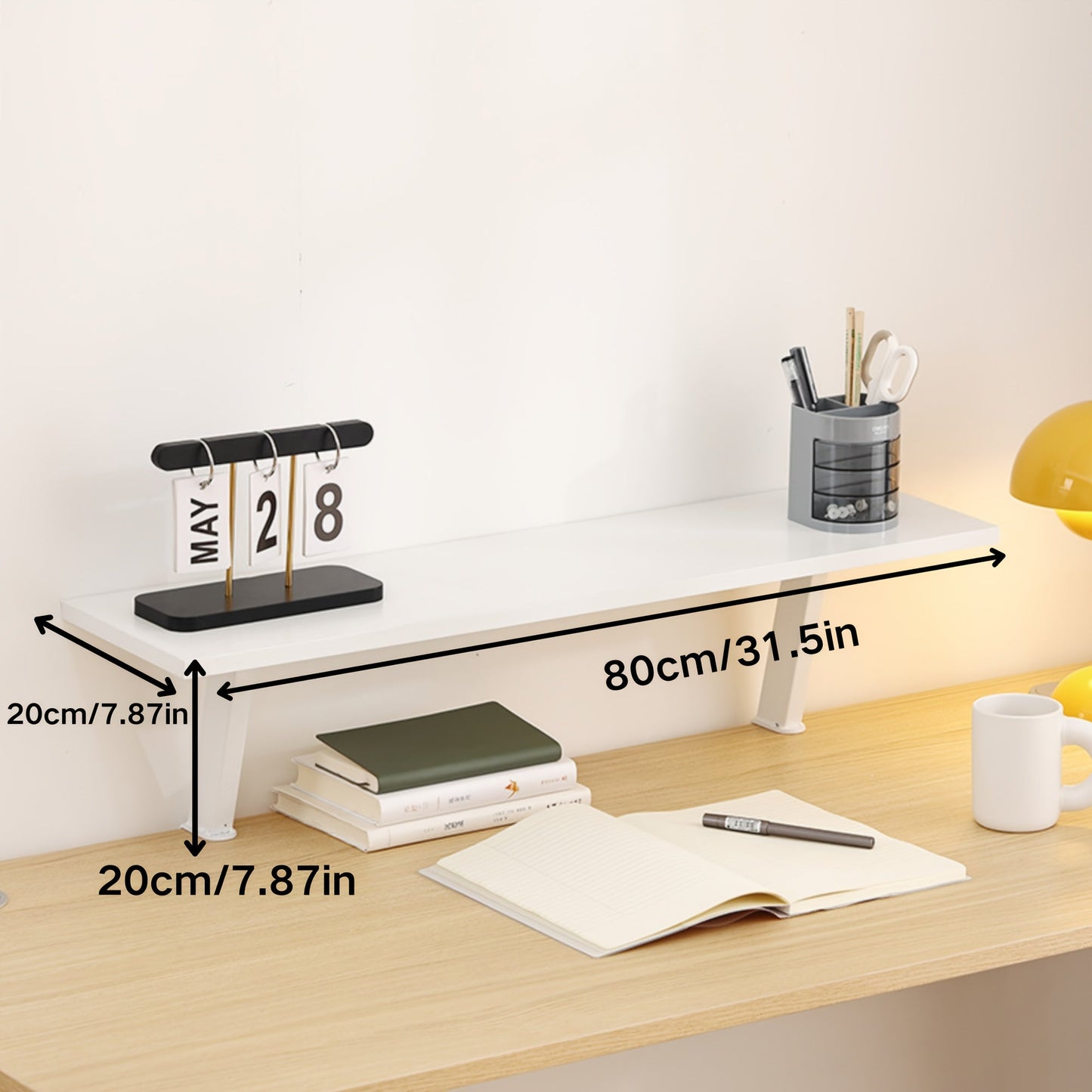 White Wooden Floating Desk Shelf – No-Drill Multi-Level Countertop Organizer for Home Office, Holds Books, Pens & Supplies, Rectangular Wall-Mounted Display Shelf, Great Thanksgiving & Christmas Gift