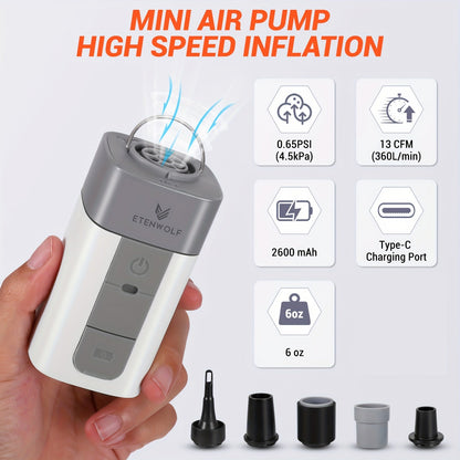 Portable Electric Air Pump 2600mAh USB Rechargeable – Super Fast Inflation for Air Mattress, Swimming Ring, Vacuum Storage Bags & Sleeping Bags, Compact Lightweight Camping Outdoor Pump