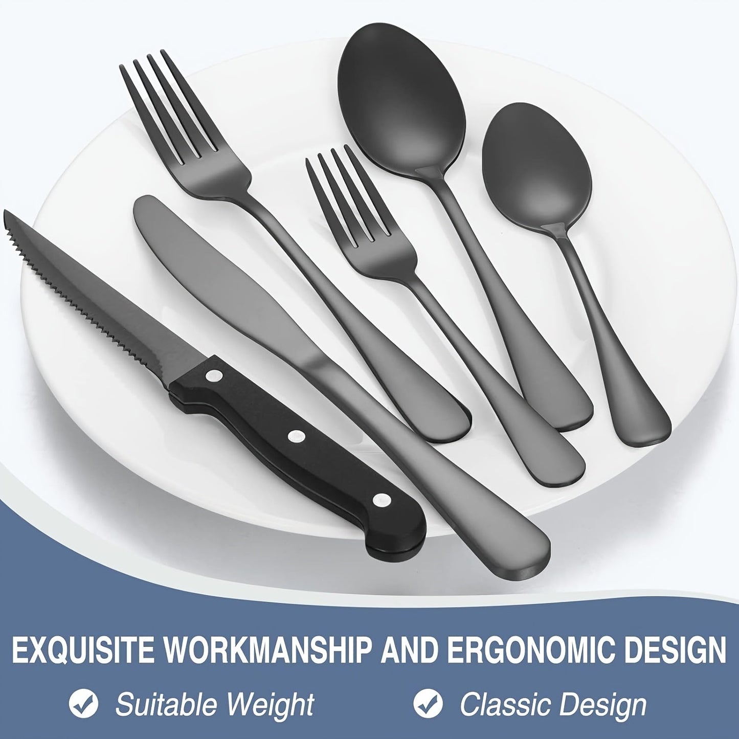 48-Piece Silverware Set with Steak Knives Service for 8 – 304 Stainless Steel Flatware Cutlery Set Mirror Finish Dishwasher Safe Spoons Forks Knives Silver Black