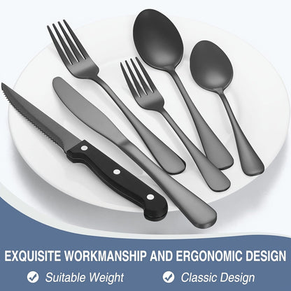48-Piece Silverware Set with Steak Knives Service for 8 – 304 Stainless Steel Flatware Cutlery Set Mirror Finish Dishwasher Safe Spoons Forks Knives Silver Black