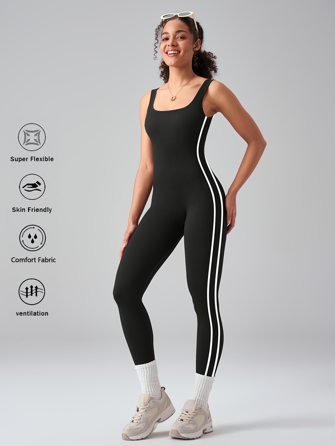 Women's Sleeveless Square Collar Jumpsuit – 90% Nylon Stretch Fabric, Thick & Opaque Active Wear for Yoga, Pilates, Running, Fitness & Everyday Events, Sizes S-XL, Multiple Colors
