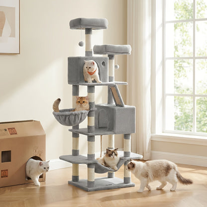 Multi-Level Cat Tree Tower 44-66 Inch with Hammock Sisal Scratching Posts Cozy Cave Perches Anti-Tilt Stable Cat Condo for Multi-Cat Families Kittens & Cats Gift
