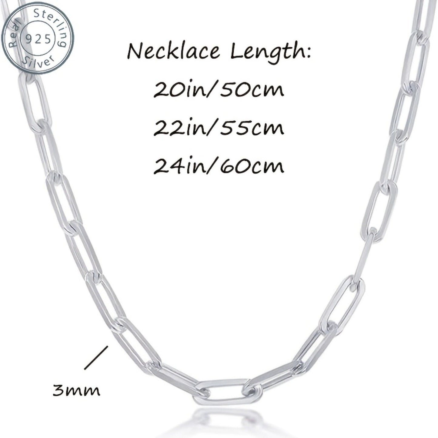 925 Sterling Silver Paperclip Chain Necklace for Women & Men – 3mm Thick Bohemian Style with Synthetic Stone, 20/22/24 Inch, Gift Box Included, Durable Everyday Jewelry for Daily Wear & Gifting
