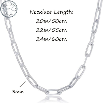 925 Sterling Silver Paperclip Chain Necklace for Women & Men – 3mm Thick Bohemian Style with Synthetic Stone, 20/22/24 Inch, Gift Box Included, Durable Everyday Jewelry for Daily Wear & Gifting