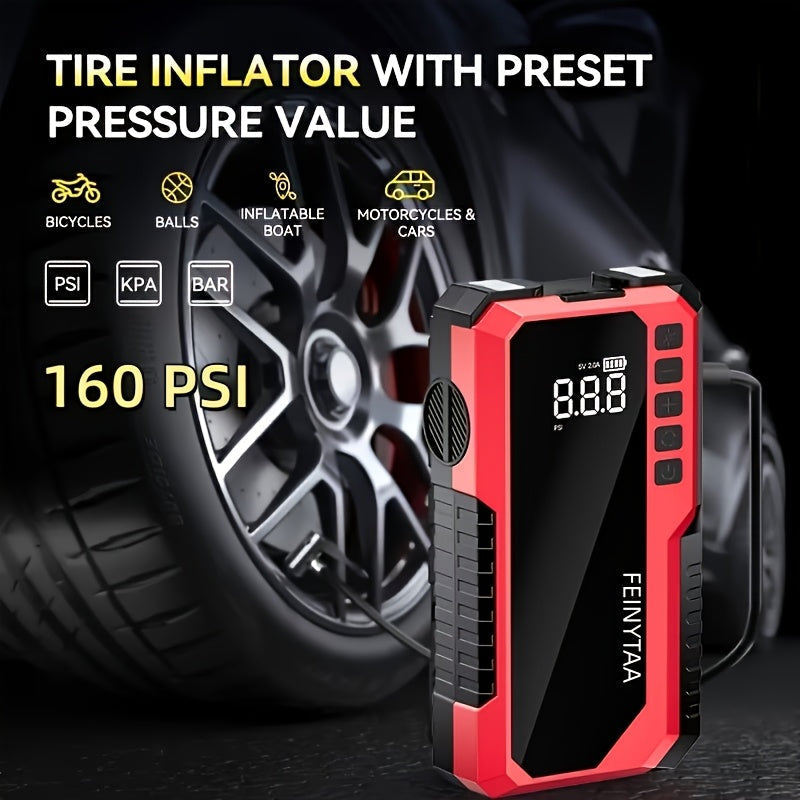 Jump Starter with Digital Tire Inflator 5000A/10000A Peak, Multi-Function Car Jump Box with Smart Battery Clamps LED Flashlight Power Bank, Emergency Kit for Car RV Motorcycle