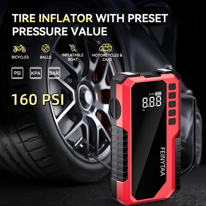 Jump Starter with Digital Tire Inflator 5000A/10000A Peak, Multi-Function Car Jump Box with Smart Battery Clamps LED Flashlight Power Bank, Emergency Kit for Car RV Motorcycle