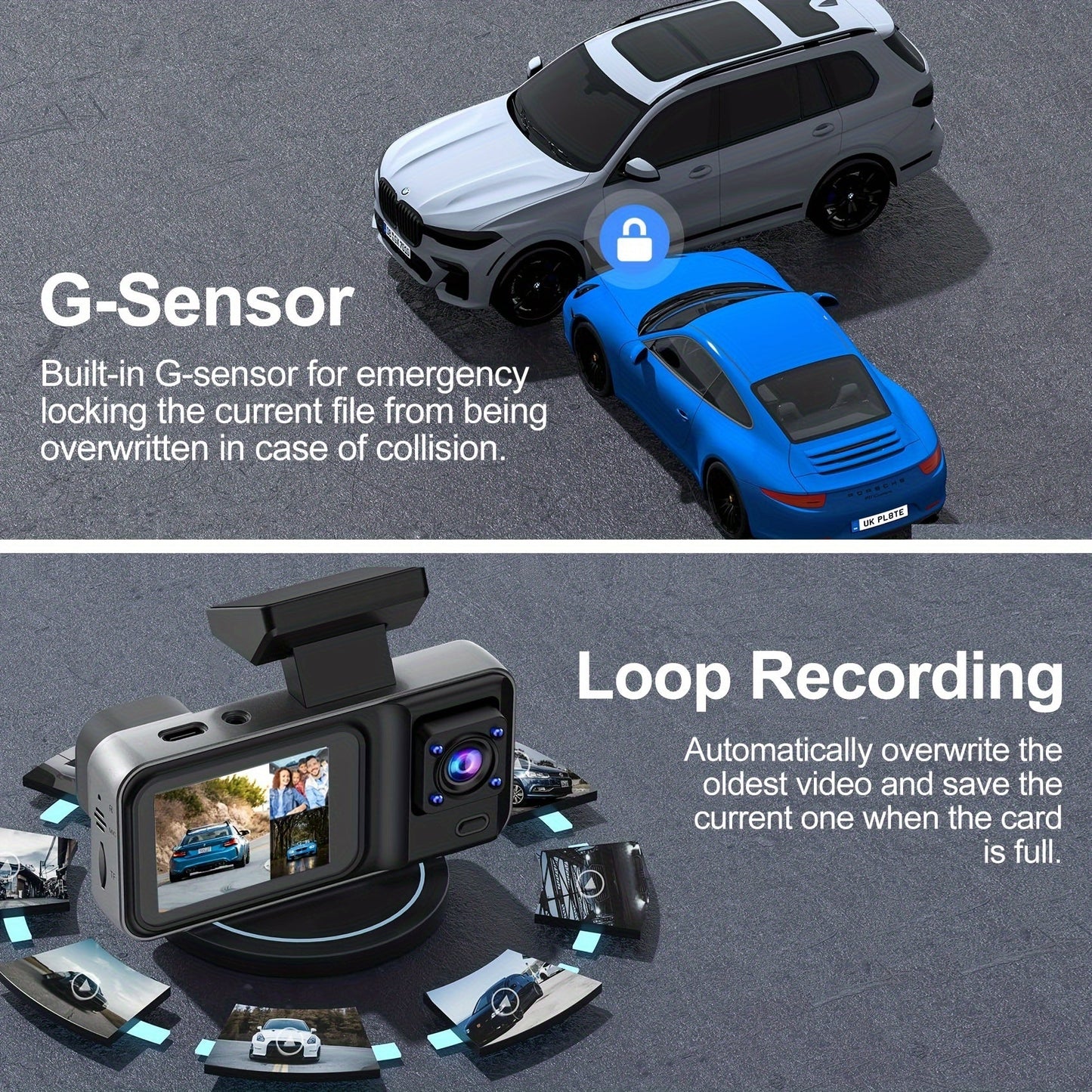 3 Channel Dash Cam Front Rear & Inside 1080P+1080P+1440P – Free 64GB SD Card, Super Night Vision, Loop Recording, G-Sensor, Motion Detection & 24-Hour Parking Mode