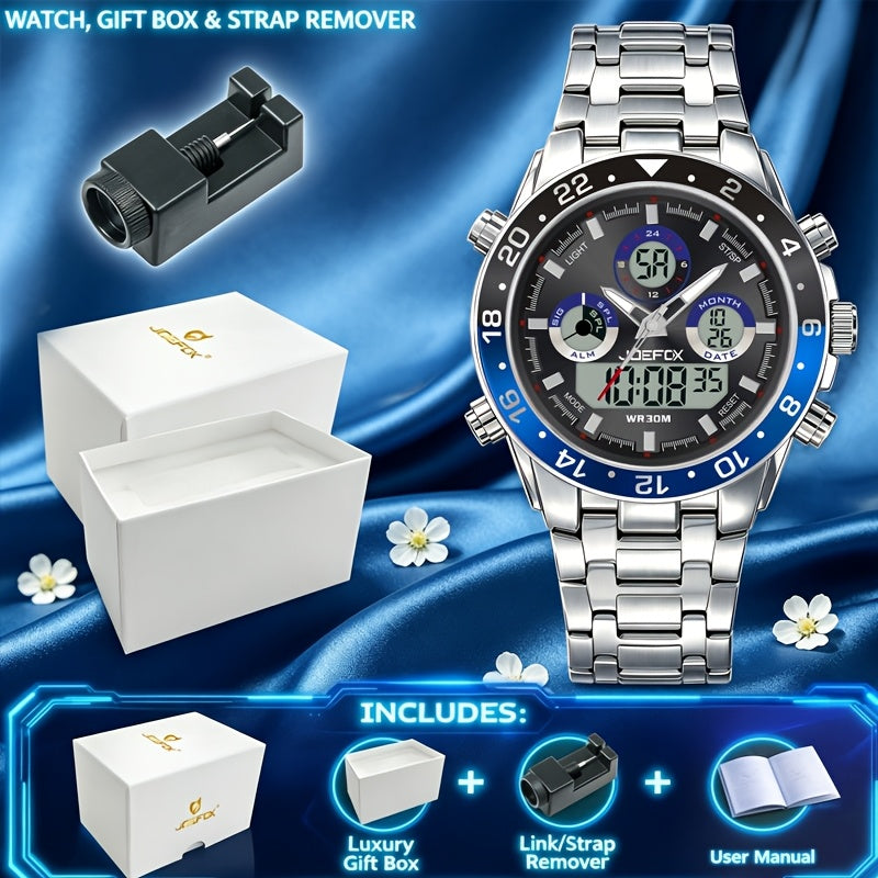 Men's Vintage Business Chronograph Watch with Steel Band – Dual Movement Waterproof Wristwatch with Band Adjustment Tool Father's Day Birthday Gift for Men