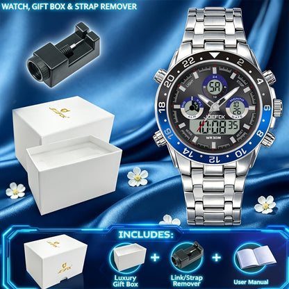 Men's Vintage Business Chronograph Watch with Steel Band – Dual Movement Waterproof Wristwatch with Band Adjustment Tool Father's Day Birthday Gift for Men