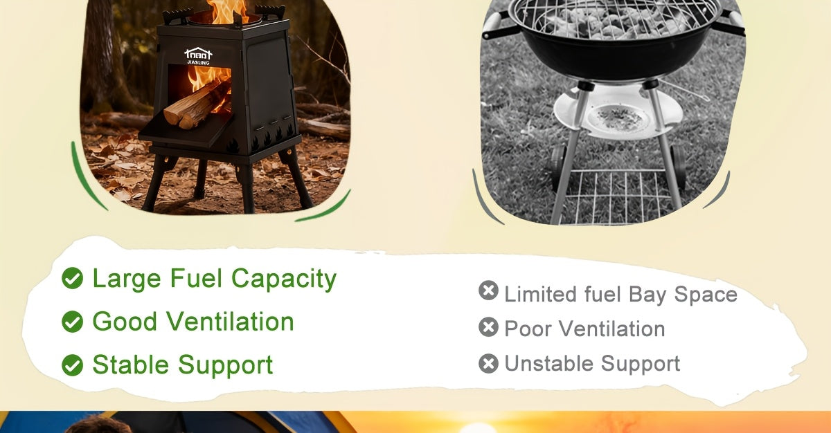 Portable Wood Burning Camp Stove with BBQ Scissors - Lightweight Outdoor Hiking Cookstove & Picnic Grill Set for Travel Camping