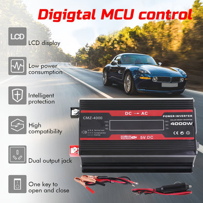 4000W Car Power Inverter DC 12V to AC 110V with LCD Display, Cooling Fan and Overload Protection - Portable 800W Rated Converter for Road Trips, Camping, Outdoors and Emergency Kits