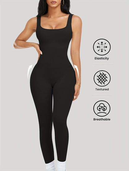 Women's Sleeveless Square Collar Jumpsuit – 90% Nylon Stretch Fabric, Thick & Opaque Active Wear for Yoga, Pilates, Running, Fitness & Everyday Events, Sizes S-XL, Multiple Colors