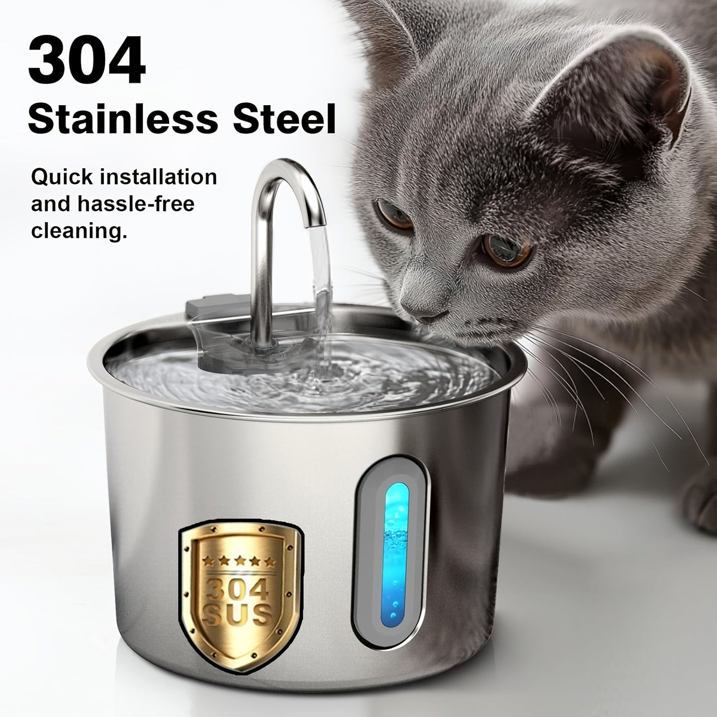 Cat Water Fountain 74oz Stainless Steel - Ultra Quiet USB Pump, Faucet Flow, 3-Stage Filter & Visual Water Level Window, Automatic Pet Water Fountain for Cats & Small Dogs Indoor