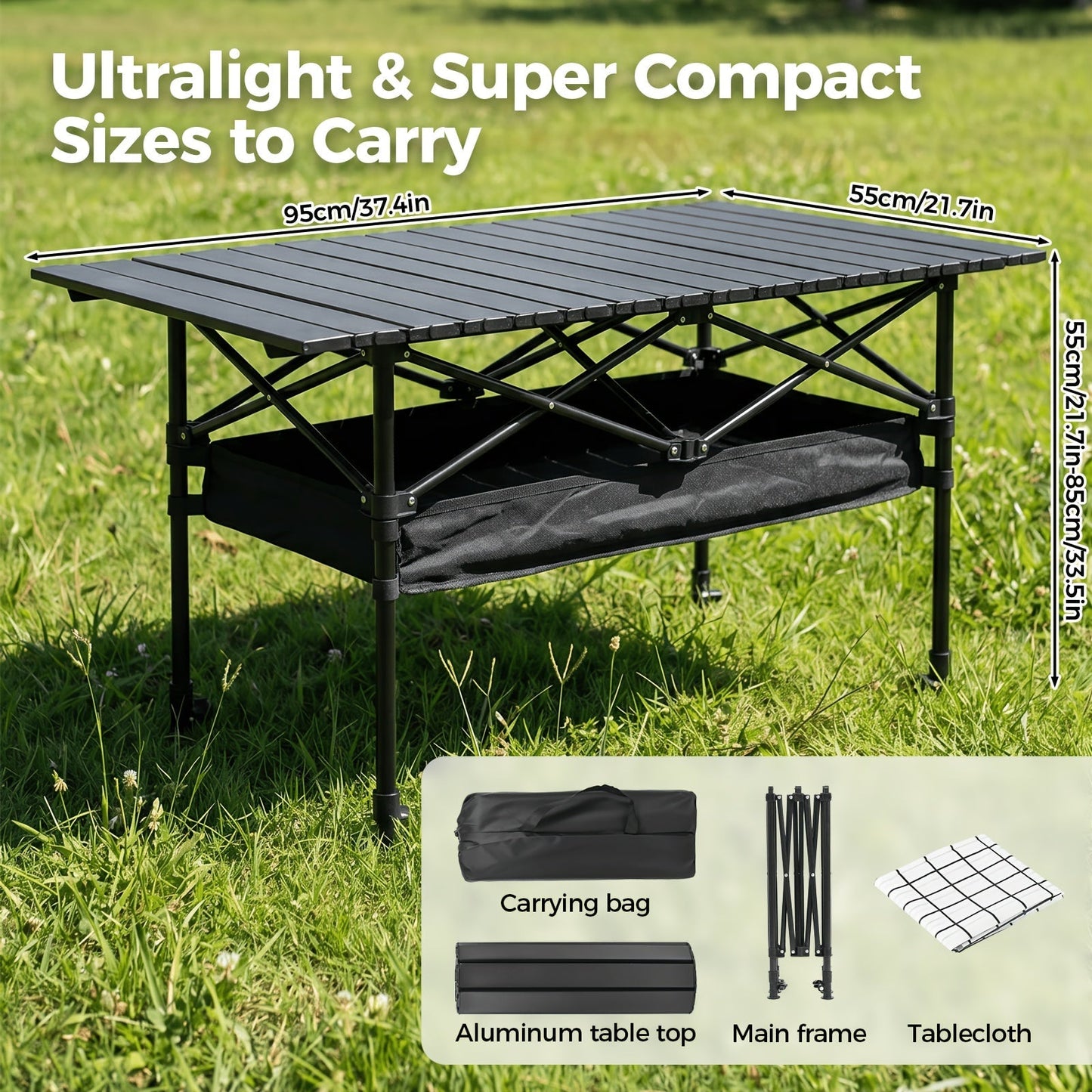 Portable Folding Camping Table Aluminum Lightweight Outdoor Picnic Table with Mesh Storage Bag & Carry Bag – Height Adjustable 37.4", Easy to Store, for Camping, Beach, Backyard, BBQ, Party & Patio
