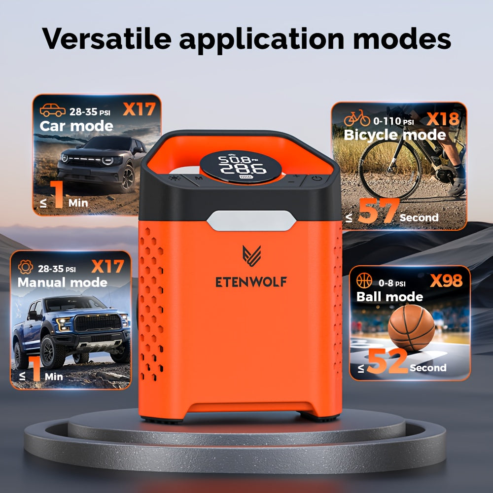 Portable Tire Inflator Air Compressor – 1-Min Fast Inflation, 100% Duty Cycle, USB Rechargeable, Digital Display, Heavy Duty for Car Tires, Bikes & Balls