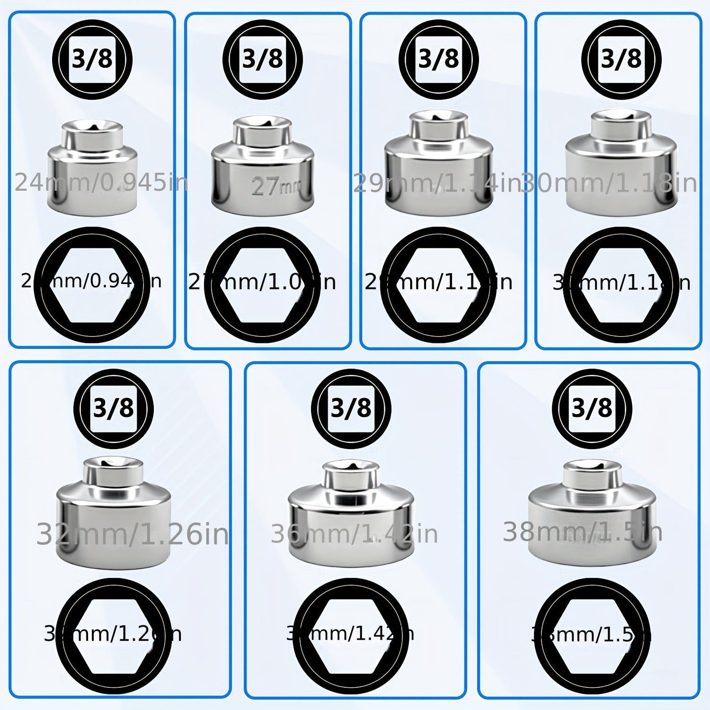 7-Piece Oil Filter Socket Wrench Set 3/8" Drive CR-V Steel 24mm 27mm 29mm 30mm 32mm 36mm 38mm - Universal Oil Filter Removal Tool Kit for Car Oil Changes