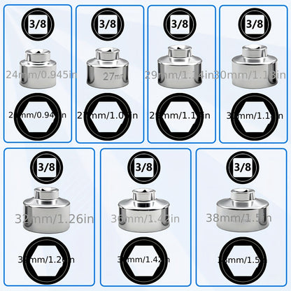 7-Piece Oil Filter Socket Wrench Set 3/8" Drive CR-V Steel 24mm 27mm 29mm 30mm 32mm 36mm 38mm - Universal Oil Filter Removal Tool Kit for Car Oil Changes