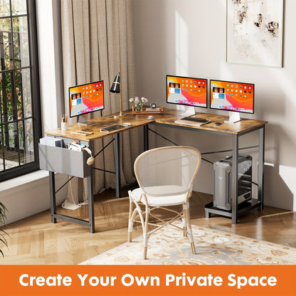 L Shaped Computer Desk with Storage Bag & Shelves – Reversible Corner Office Table, PC Laptop Workstation for Home Office, Study Room, Space-Saving Writing Desk