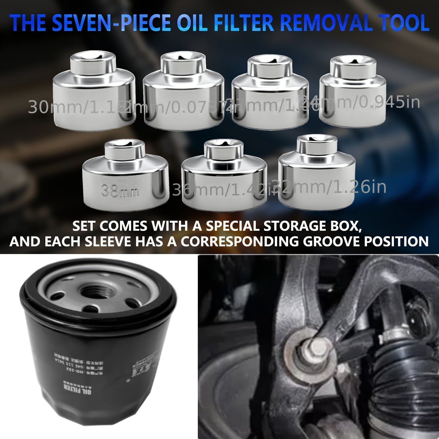 7-Piece Oil Filter Socket Wrench Set 3/8" Drive CR-V Steel 24mm 27mm 29mm 30mm 32mm 36mm 38mm - Universal Oil Filter Removal Tool Kit for Car Oil Changes