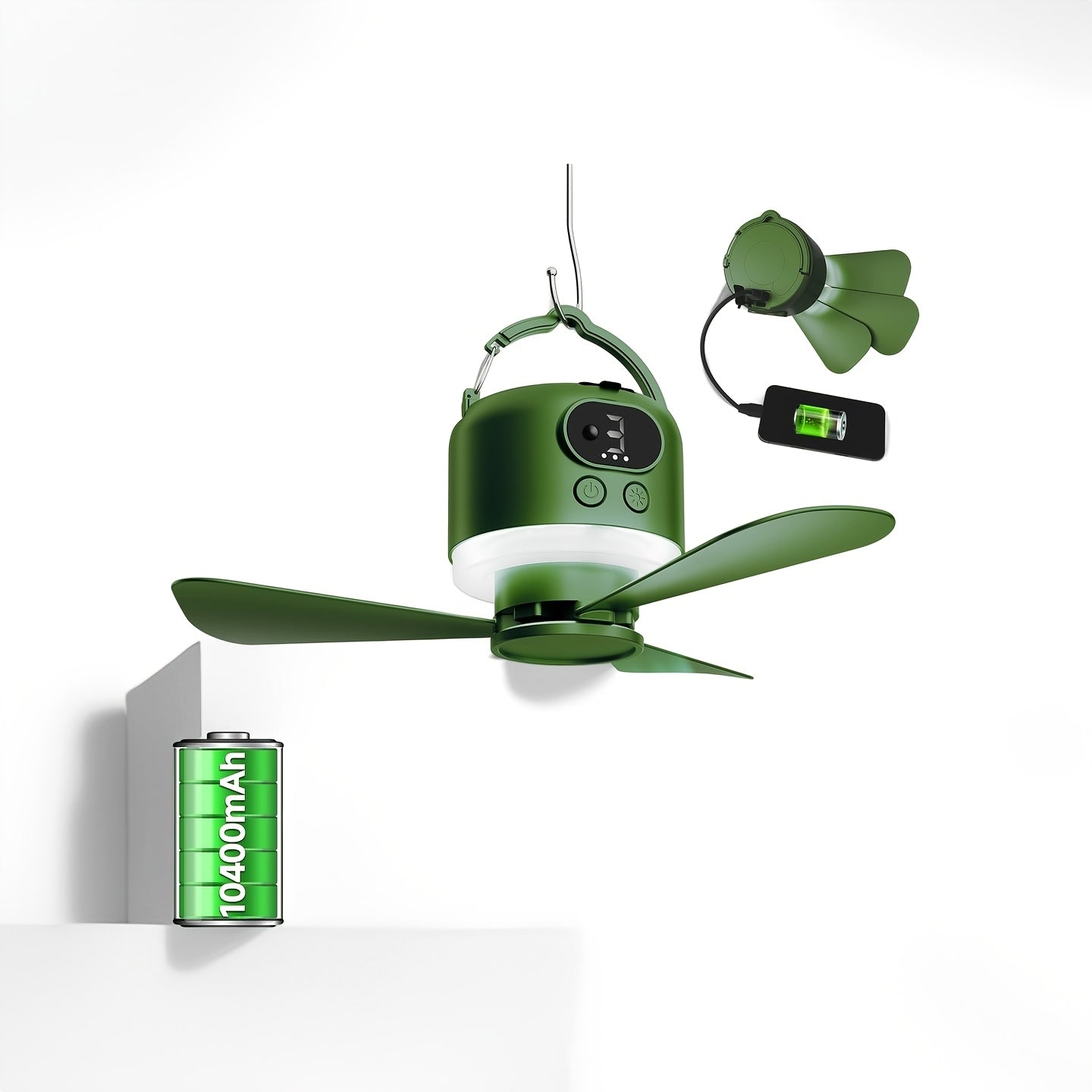 Portable Camping Ceiling Fan 10400mAh USB Rechargeable – Tent Fan with Remote Control, LED Light, Detachable Blades & 4-Speed Settings for Camping, Outdoor, RV, Bedroom & Home Use