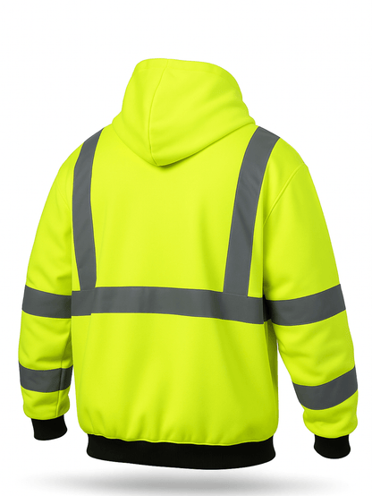 High Visibility ANSI Class 3 Type R Reflective Safety Hoodie Zip-Up Fleece Sweatshirt for Men Women Construction Workwear with Neck Gaiter Fluorescent Yellow