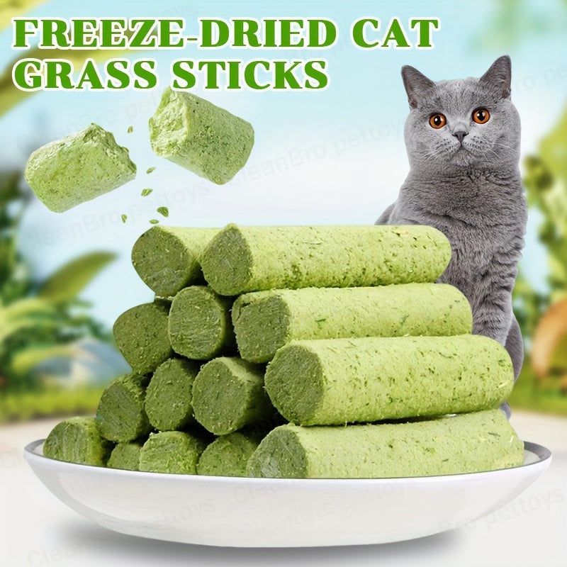 Cat Grass Sticks for Hairball Control – 3-in-1 Freeze-Dried Catnip Treats with Instant Granules & Hair Cream Tablets for Indoor Cats, Natural Hairball Remedy, 15 Count & 15-Pack Bundle