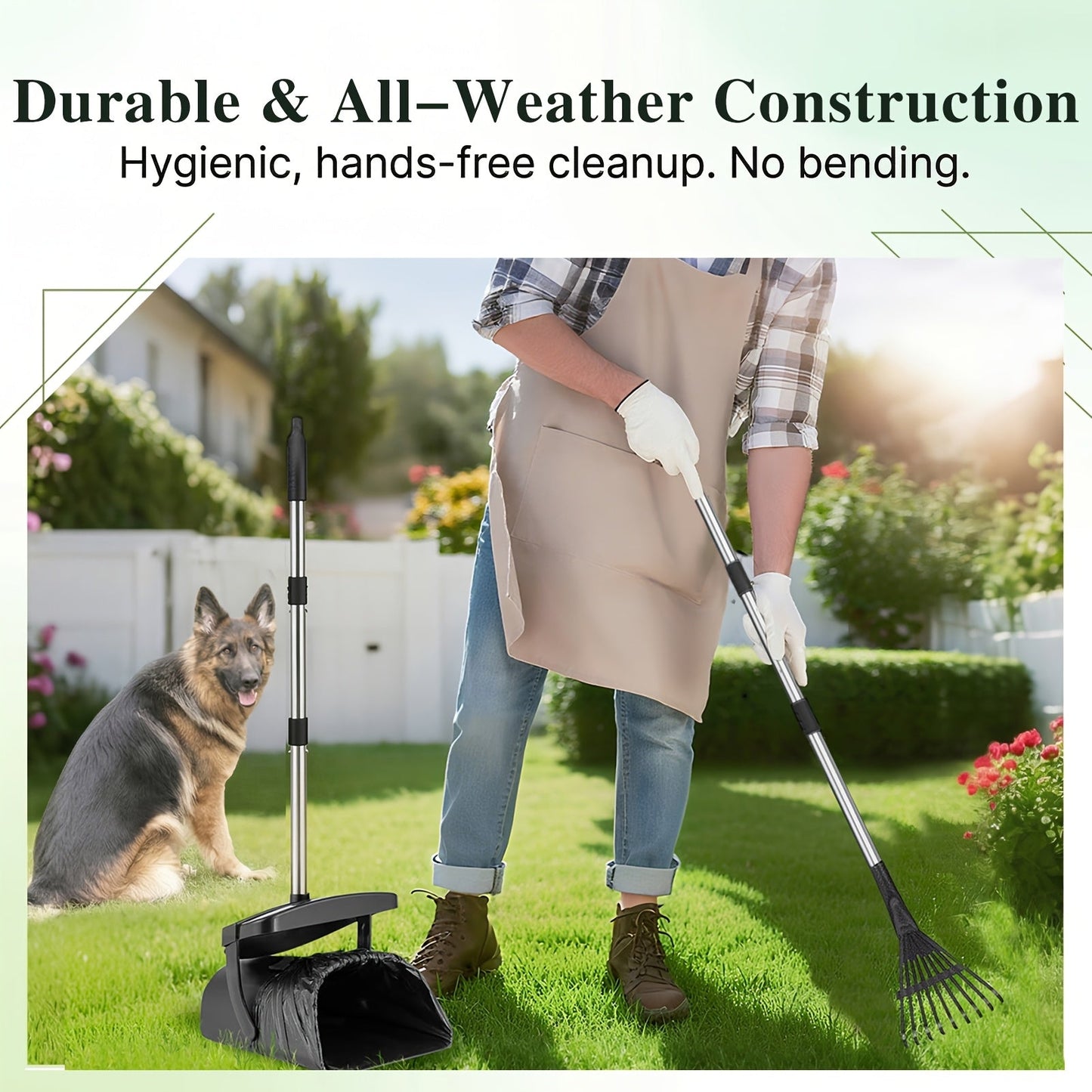 Dog Pooper Scooper Set Heavy Duty with Swivel Bin, Rake & Spade – Long Handle Pet Waste Removal Tool for Grass, Dirt & Gravel, Includes 40 Waste Bags, Great for Large Dogs