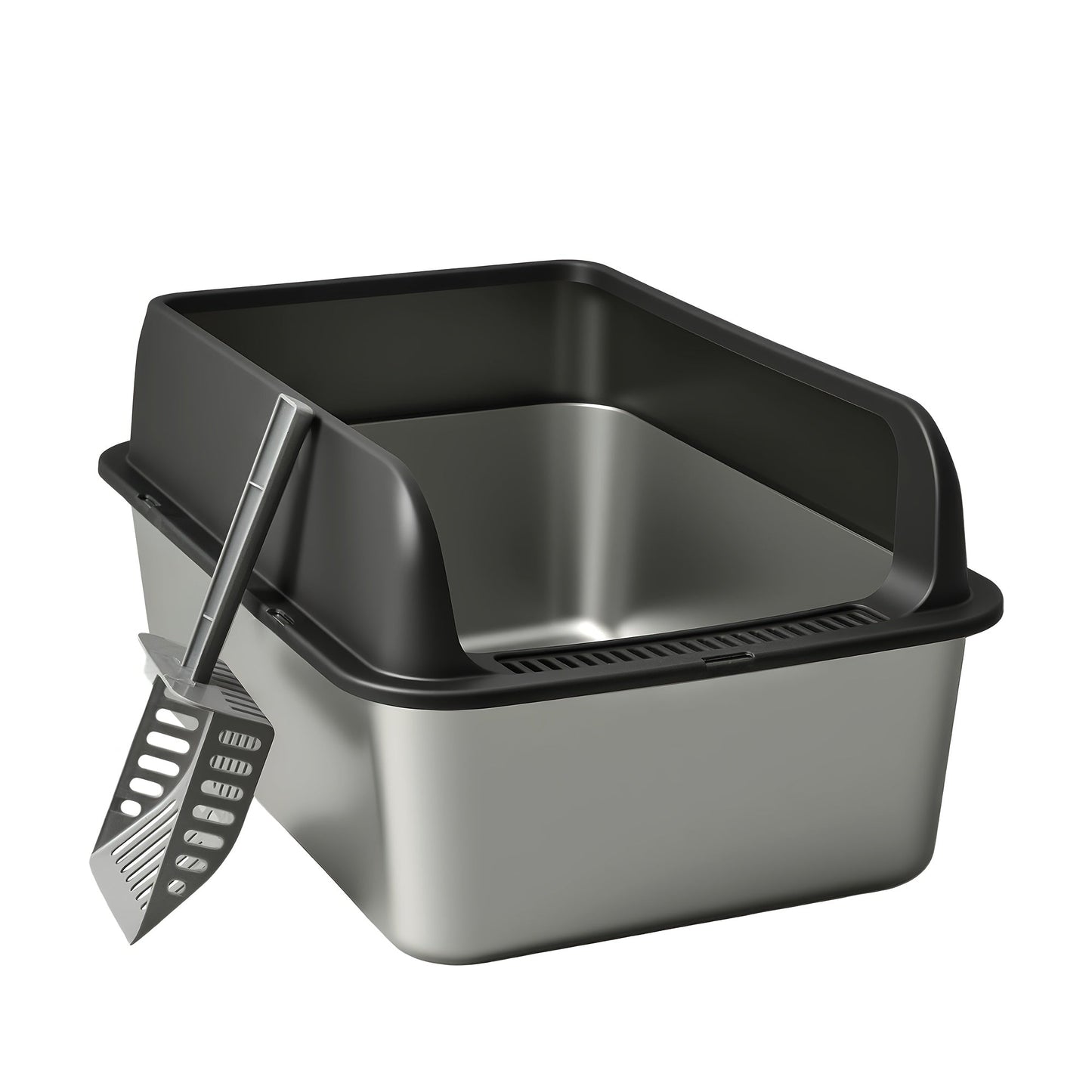 Stainless Steel Cat Litter Box High Sides Anti-Leakage Metal Litter Pan with Scoop Sifting Tray Rust-Proof Odor-Resistant Non-Stick Easy Clean Indoor Cat Toilet Medium Large Cats