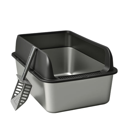 Stainless Steel Cat Litter Box High Sides Anti-Leakage Metal Litter Pan with Scoop Sifting Tray Rust-Proof Odor-Resistant Non-Stick Easy Clean Indoor Cat Toilet Medium Large Cats