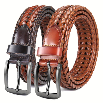 Men's Leather Braided Belt 2 Pack - Casual Dress Belt for Golf Pants Jeans Everyday Wear Zinc Alloy Buckle Multiple Colors Sizes 34-50