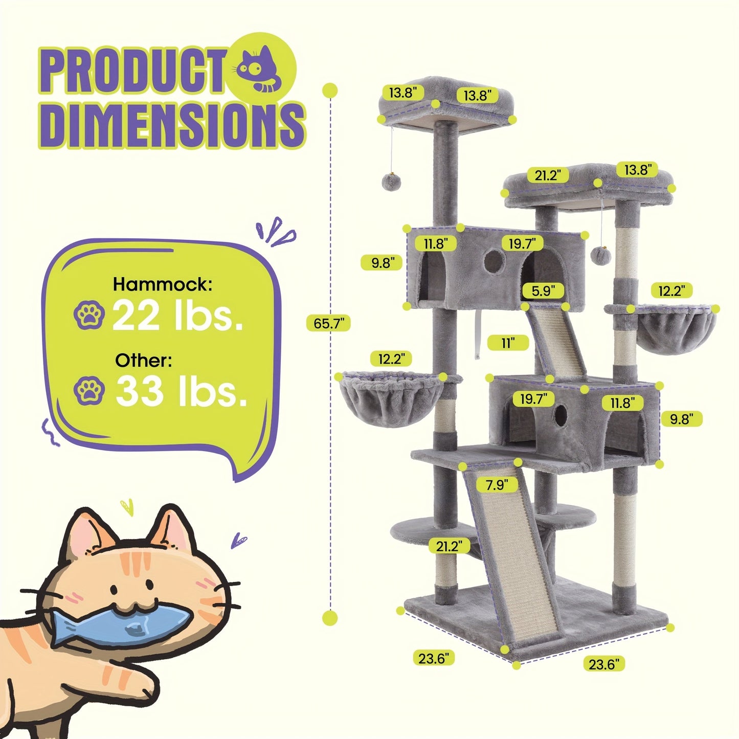 WEEWAY Corner Cat Tree Tower for Indoor Cats 36–81 Inch – Multi-Level Cat Furniture with Sisal Scratching Posts, Condo Cave, Hammock, Ramps, Plush Perches, Basket & Pompom Toys, Perfect Cat Gift