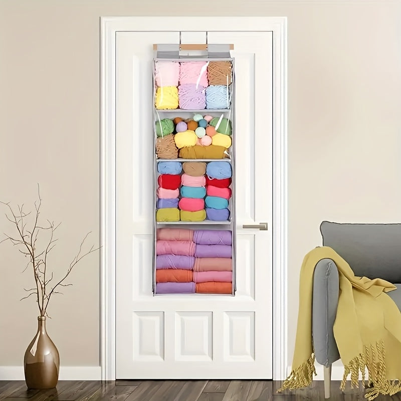 Hanging Yarn Storage Bag with 4 Large Pockets – Transparent Zipper Knitting & Crochet Organizer, Door Hook Rack, Double-Layer Fabric, Keeps Skeins & Hooks Organized | Velora