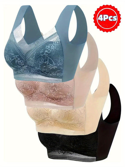 4 Pack Lace Ice Silk Bra Vest for Women – Traceless Gathered Support, Breathable Thin Style with Beautiful Back Design, Sizes S-XXL, 2 Multicolor Sets