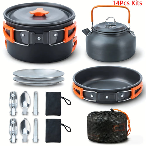 Camping Cookware Mess Kit 8/9/14/15 Piece, Portable Non-Stick Aluminum Alloy Camp Cook Set with Kettle Pot Frying Pan Plates Utensils, Lightweight Backpacking Outdoor Cooking Gear for Hiking & Travel