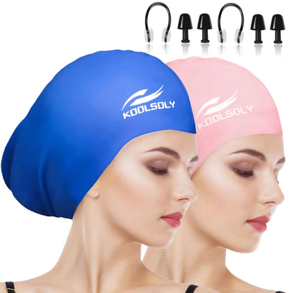 Silicone Swimming Cap 2 Pack with Ear Protection for Long Hair – Includes Earplugs & Nose Clip, Waterproof Swim Cap Set, 11 Color Options for Women Men Adults