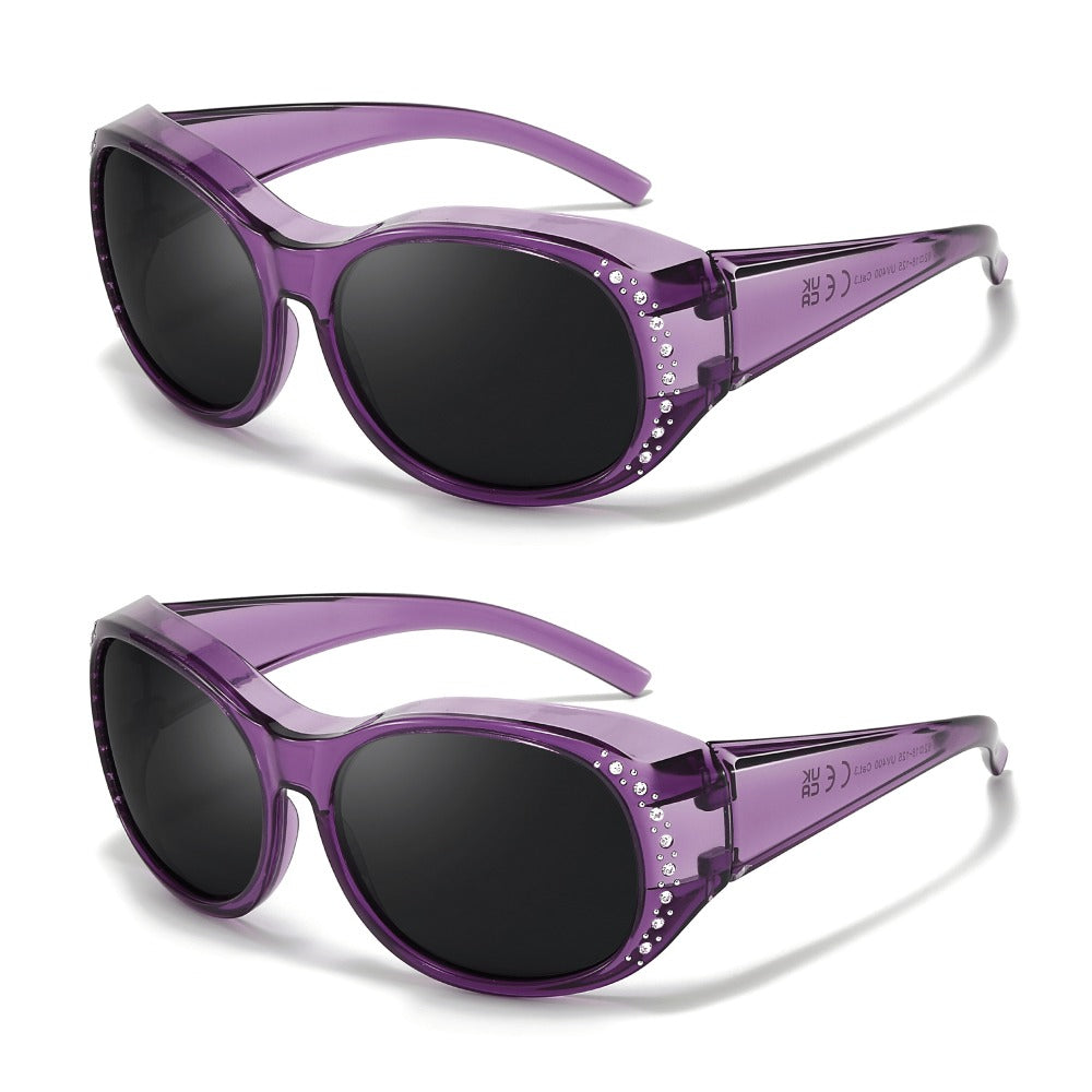 2-Pack Women's Polarized Fit Over Glasses for Prescription Eyeglasses – Rhinestone Accent Wraparound Sunglasses, Anti-Glare Polarized Lenses, No Adapter Needed, Multiple Color Options