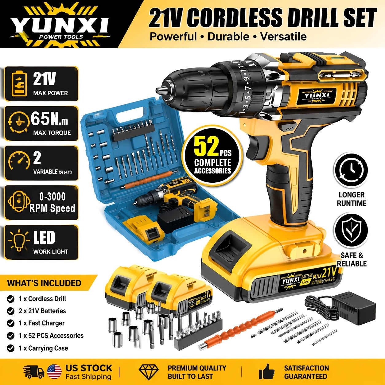 21V Cordless Impact Drill Set 2.0Ah Battery & Fast Charger with Work Light Speed & Torque Adjustment Electric Screwdriver Combo – Optional Storage Box for Car & Home Repair DIY Men's Gift
