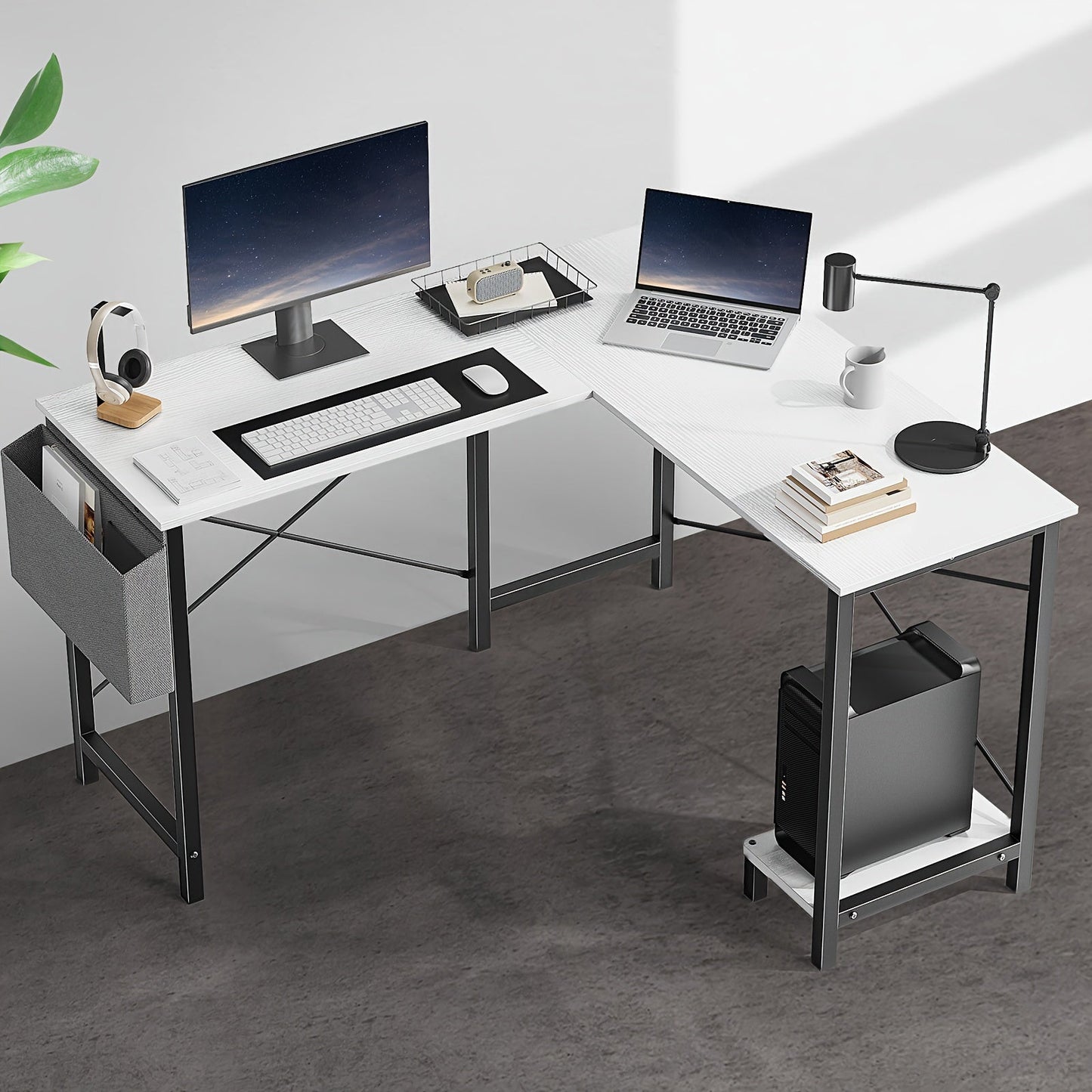 L Shaped Computer Desk with Storage Bag & Shelves – Reversible Corner Office Table, PC Laptop Workstation for Home Office, Study Room, Space-Saving Writing Desk