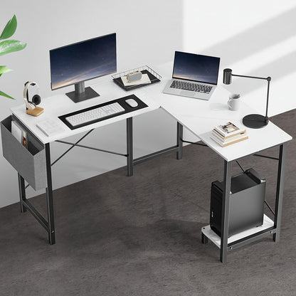 L Shaped Computer Desk with Storage Bag & Shelves – Reversible Corner Office Table, PC Laptop Workstation for Home Office, Study Room, Space-Saving Writing Desk