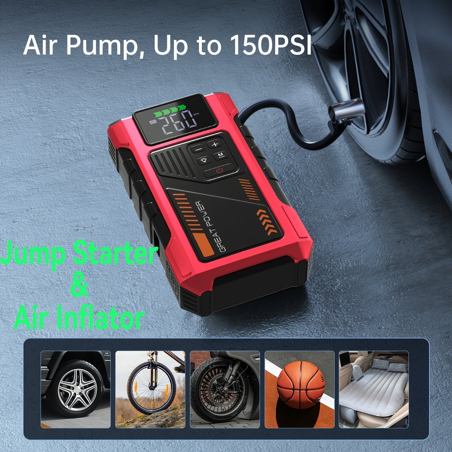 4000A Car Jump Starter with Air Compressor, 150PSI Tire Inflator & LED Light, Portable 12V Battery Jump Starter Pack for Gas 8.0L / Diesel 6.5L Engines – Car Emergency Kit
