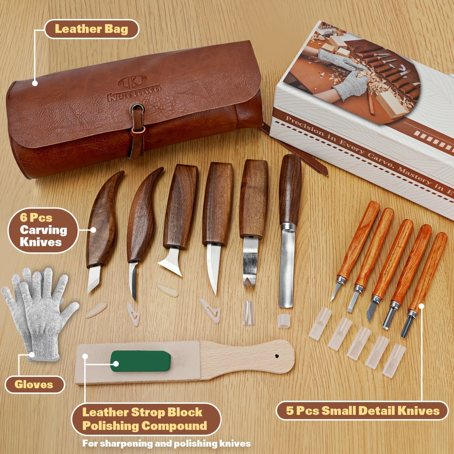 Wood Carving Knife Set PU Case 15-23 Piece Whittling Kit Chisel Hook Detail Geometric Knife Safety Gloves Leather Strop Basswood Block Art Craft Gift