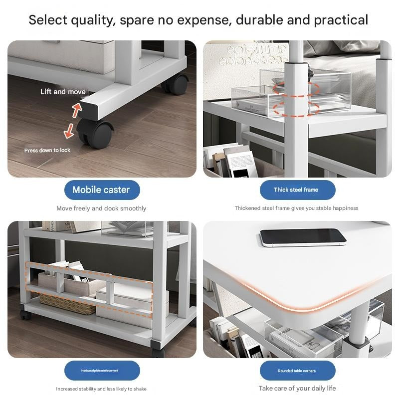 Rolling Bedside Desk Height Adjustable 23-35 Inch with Storage Shelf & Omnidirectional Wheels for Home Bedroom Office Laptop Table