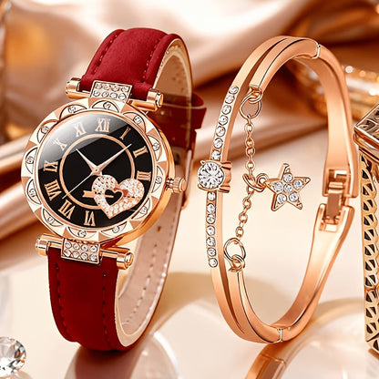 Rhinestone Heart Watch Set for Women – 2 Quartz Watches with Faux Leather Strap, Rose Gold & Pink Bracelet Wristwatch Gift Set for Valentine's Day, Birthdays & Parties