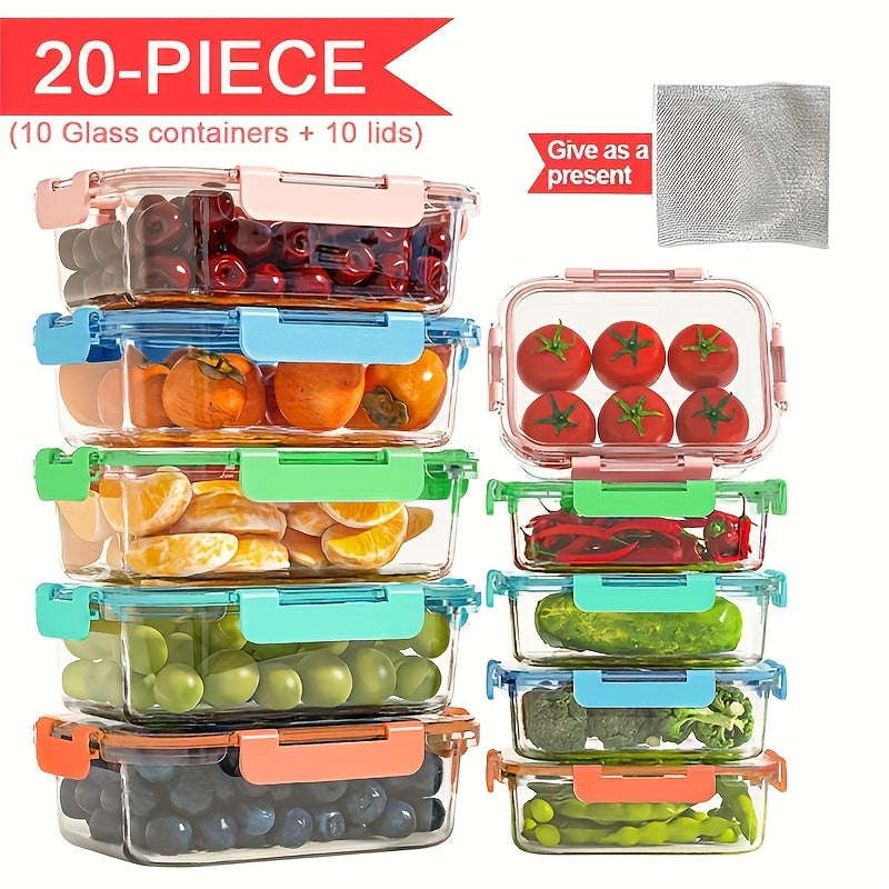 Glass Food Storage Containers with Lids 20-Piece Set, Stackable Airtight Meal Prep Containers, Oven Microwave Refrigerator & Dishwasher Safe, Space-Saving Kitchen Organization – 10 Containers + 10 Lids